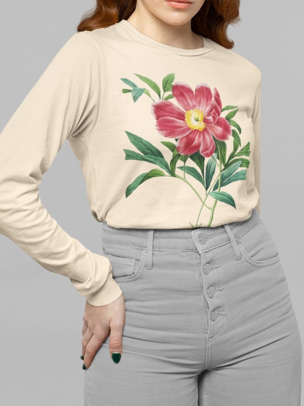 Peony Vintage Floral Print Long Sleeve Graphic Tee T-shirt S-XXL